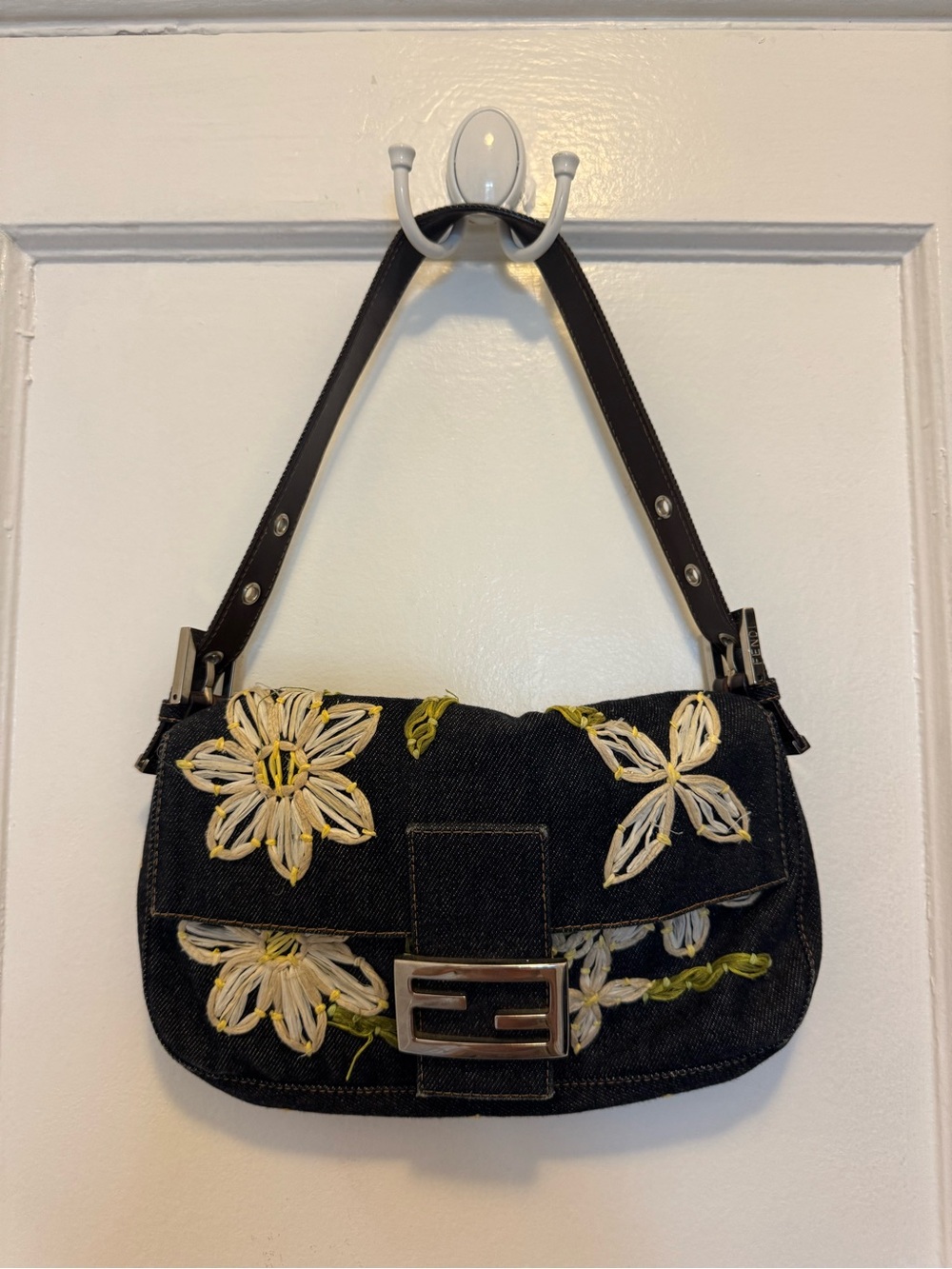 Fendi Black Denim Shoulder Bag with Cream Floral Embroidery